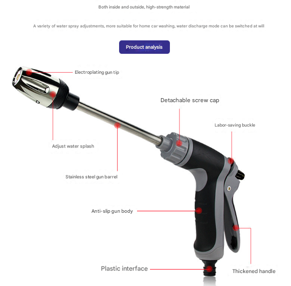 Black and Grey Heavy Duty Long Wand Garden Hose Nozzle - High Pressure Water Spray Gun with Adjustable Patterns for Car Wash, Plants & Cleaning.