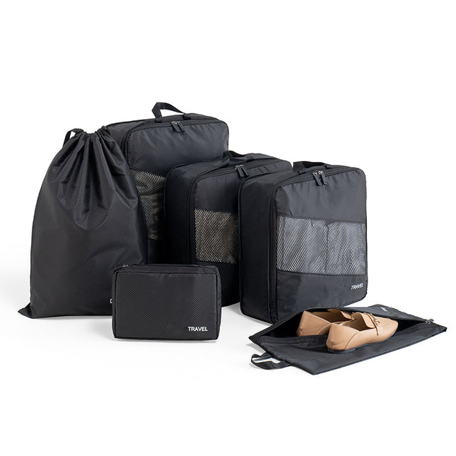 Black Premium 6-Piece Compression Packing Cubes Set - Lightweight Polyester Travel Organizers for Luggage, Includes Shoe Bag & Toiletry Pouch.