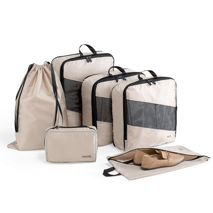Beige and Black Premium 6-Piece Compression Packing Cubes Set - Lightweight Polyester Travel Organizers for Luggage, Includes Shoe Bag & Toiletry Pouch.