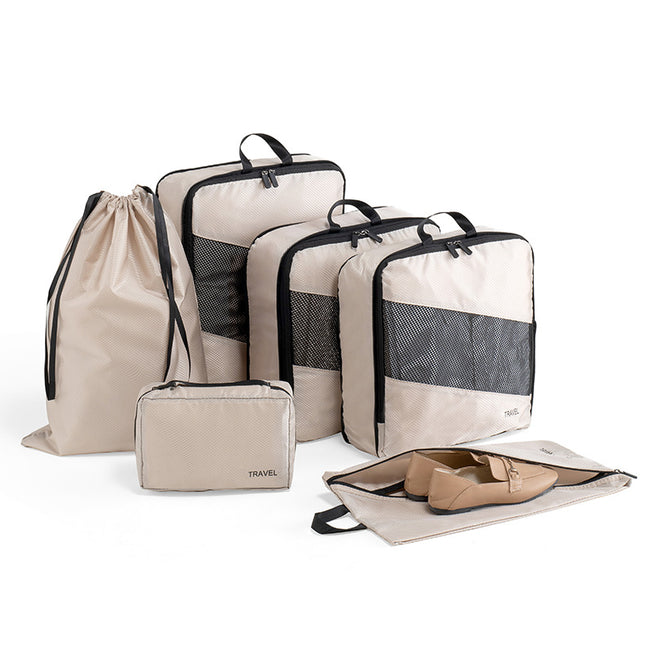 Beige and Black Premium 6-Piece Compression Packing Cubes Set - Lightweight Polyester Travel Organizers for Luggage, Includes Shoe Bag & Toiletry Pouch.