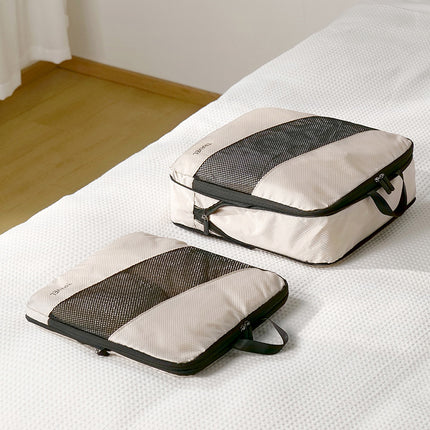 Beige and Black Premium 6-Piece Compression Packing Cubes Set - Lightweight Polyester Travel Organizers for Luggage, Includes Shoe Bag & Toiletry Pouch.