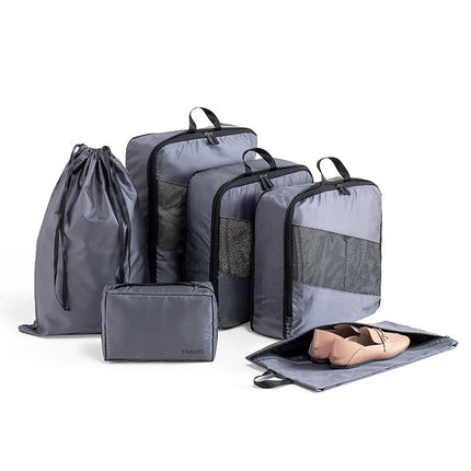 Grey and Black Premium 6-Piece Compression Packing Cubes Set - Lightweight Polyester Travel Organizers for Luggage, Includes Shoe Bag & Toiletry Pouch.
