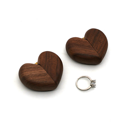 Brown Elegant Walnut Wood Heart Ring Box - Magnetic Closure for Proposal, Engagement & Wedding Jewelry.