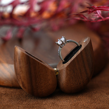 Brown Elegant Walnut Wood Heart Ring Box - Magnetic Closure for Proposal, Engagement & Wedding Jewelry.