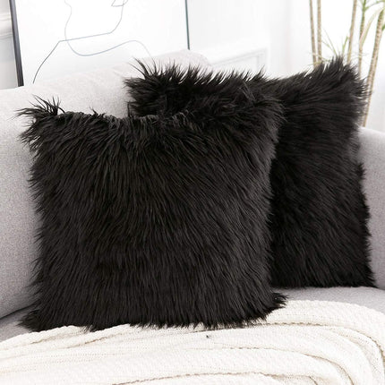 Black Luxurious Long Faux Fur Cushion Covers - Set of 2, 45x45cm Soft Plush Decorative Pillowcases for Sofa & Bed.