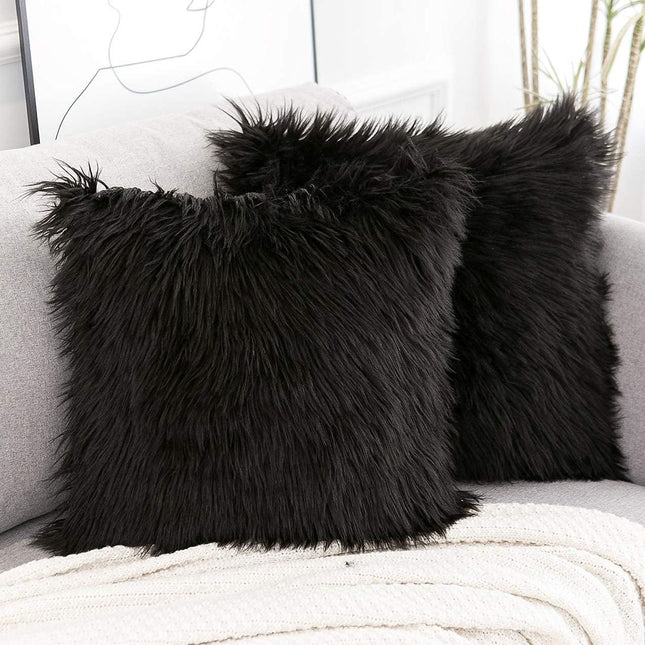 Black Luxurious Long Faux Fur Cushion Covers - Set of 2, 45x45cm Soft Plush Decorative Pillowcases for Sofa & Bed.