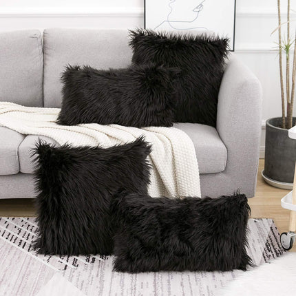 Black Luxurious Long Faux Fur Cushion Covers - Set of 2, 45x45cm Soft Plush Decorative Pillowcases for Sofa & Bed.