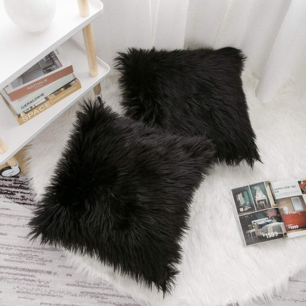 Black Luxurious Long Faux Fur Cushion Covers - Set of 2, 45x45cm Soft Plush Decorative Pillowcases for Sofa & Bed.