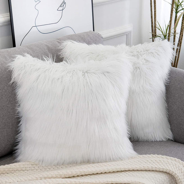 White Luxurious Long Faux Fur Cushion Covers - Set of 2, 45x45cm Soft Plush Decorative Pillowcases for Sofa & Bed.