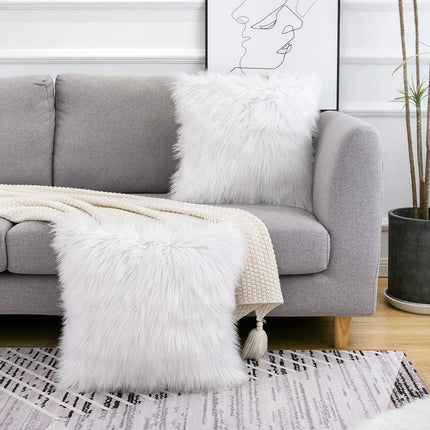 White Luxurious Long Faux Fur Cushion Covers - Set of 2, 45x45cm Soft Plush Decorative Pillowcases for Sofa & Bed.
