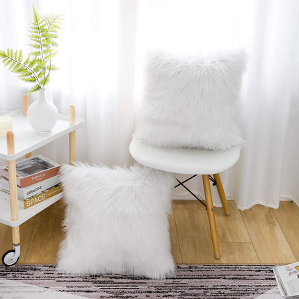 White Luxurious Long Faux Fur Cushion Covers - Set of 2, 45x45cm Soft Plush Decorative Pillowcases for Sofa & Bed.