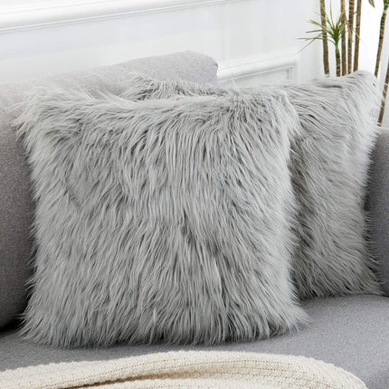 Grey Luxurious Long Faux Fur Cushion Covers - Set of 2, 45x45cm Soft Plush Decorative Pillowcases for Sofa & Bed.