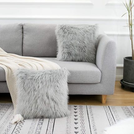 Grey Luxurious Long Faux Fur Cushion Covers - Set of 2, 45x45cm Soft Plush Decorative Pillowcases for Sofa & Bed.