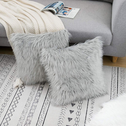 Grey Luxurious Long Faux Fur Cushion Covers - Set of 2, 45x45cm Soft Plush Decorative Pillowcases for Sofa & Bed.