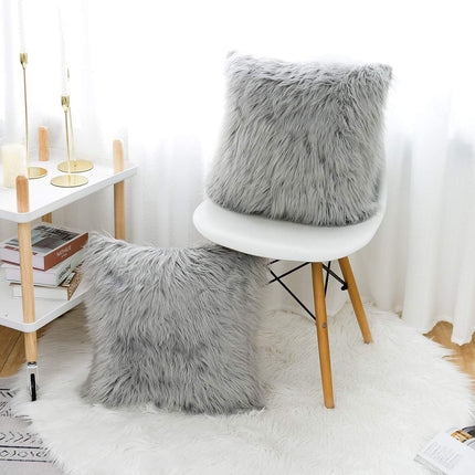 Grey Luxurious Long Faux Fur Cushion Covers - Set of 2, 45x45cm Soft Plush Decorative Pillowcases for Sofa & Bed.