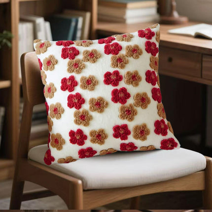 Red and Brown Charming 3D Floral Plush Cushion Covers - Set of 4, 45x45cm Soft Faux Lambswool Pillowcases for Sofa & Bed Decor.
