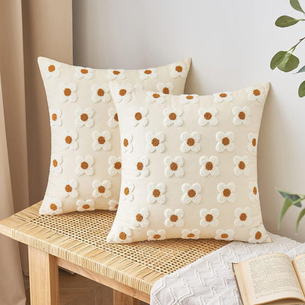 Beige and Khaki Charming 3D Daisy Embroidered Canvas Cushion Covers - Set of 2, 45x45cm Soft Textured Decorative Pillowcases.