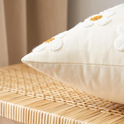 Beige and Khaki Charming 3D Daisy Embroidered Canvas Cushion Covers - Set of 2, 45x45cm Soft Textured Decorative Pillowcases.
