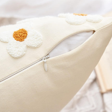 Beige and Khaki Charming 3D Daisy Embroidered Canvas Cushion Covers - Set of 2, 45x45cm Soft Textured Decorative Pillowcases.
