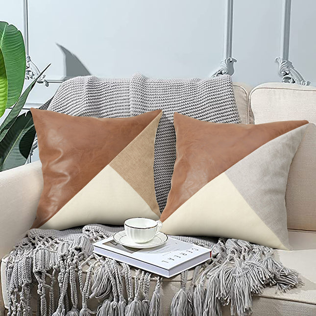 Khaki and Gray Modern Geometric Faux Leather & Cotton-Linen Cushion Covers - Set of 2, 45x45cm Decorative Pillowcases for Sofa & Car.