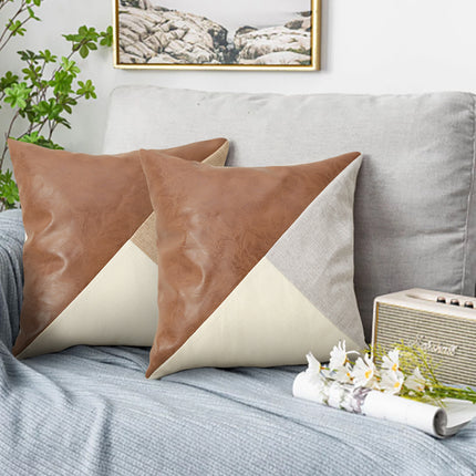 Khaki and Gray Modern Geometric Faux Leather & Cotton-Linen Cushion Covers - Set of 2, 45x45cm Decorative Pillowcases for Sofa & Car.