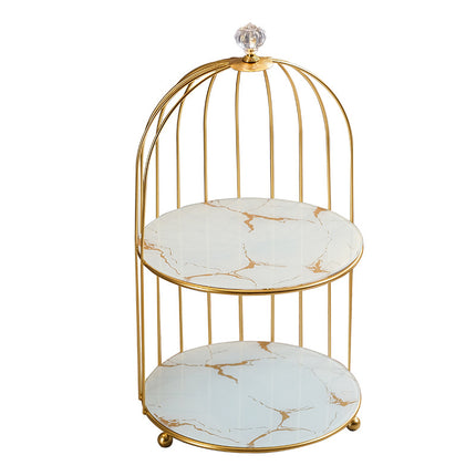 Gold and White Elegant 2-Tier Gold Birdcage Cosmetic Organizer - Wrought Iron Countertop Storage Rack for Skincare, Makeup & Jewelry.