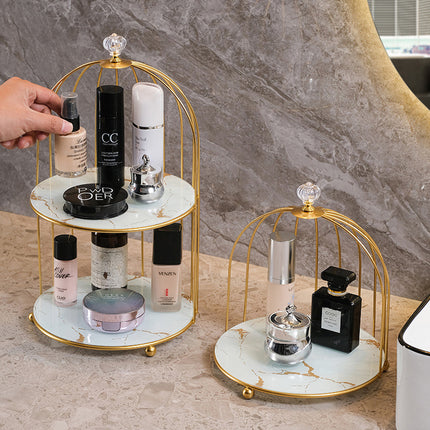 Gold and White Elegant 2-Tier Gold Birdcage Cosmetic Organizer - Wrought Iron Countertop Storage Rack for Skincare, Makeup & Jewelry.
