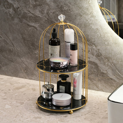 Gold and Black Elegant 2-Tier Gold Birdcage Cosmetic Organizer - Wrought Iron Countertop Storage Rack for Skincare, Makeup & Jewelry.