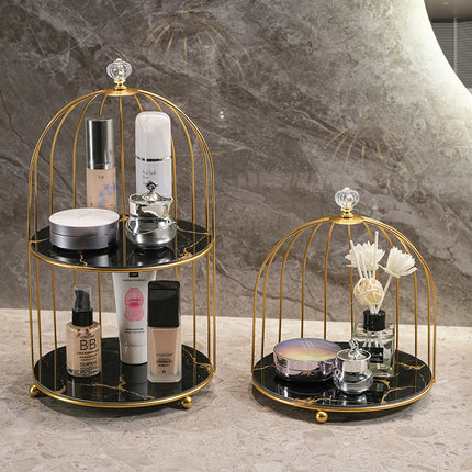 Gold and Black Elegant 2-Tier Gold Birdcage Cosmetic Organizer - Wrought Iron Countertop Storage Rack for Skincare, Makeup & Jewelry.