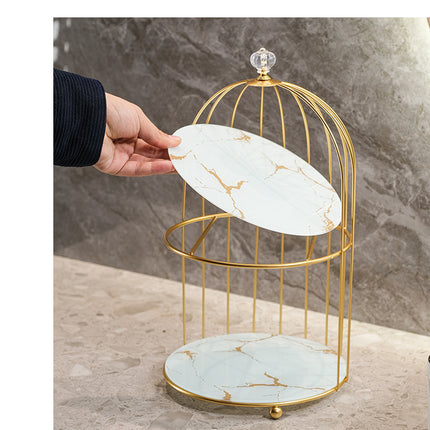 Gold and Black Elegant 2-Tier Gold Birdcage Cosmetic Organizer - Wrought Iron Countertop Storage Rack for Skincare, Makeup & Jewelry.