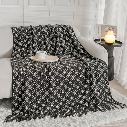 Black Cozy Geometric Knitted Throw Blanket with Tassels - Soft Acrylic Decorative Sofa & Bed Cover, 130x180cm.