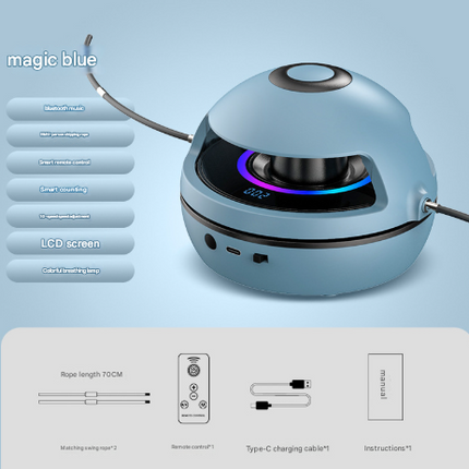 Blue Smart Electric Jump Rope Machine with Bluetooth Music, Remote Control & LED Lights.