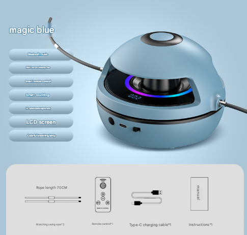 Blue Smart Electric Jump Rope Machine with Bluetooth Music, Remote Control & LED Lights.