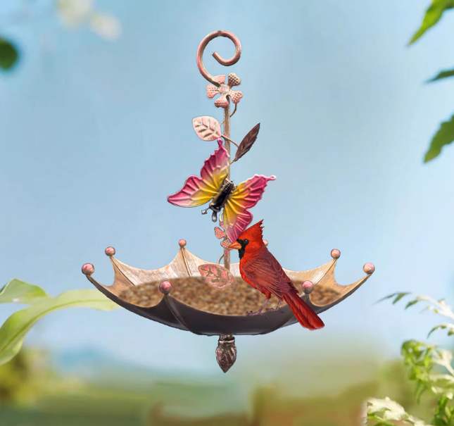 Butterfly Charming Hanging Umbrella Bird Feeder - Decorative Outdoor Garden Accent.
