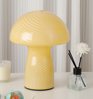 Stripe-Pure Yellow Retro Swirl Glass Mushroom Table Lamp - LED Bedside Night Light.