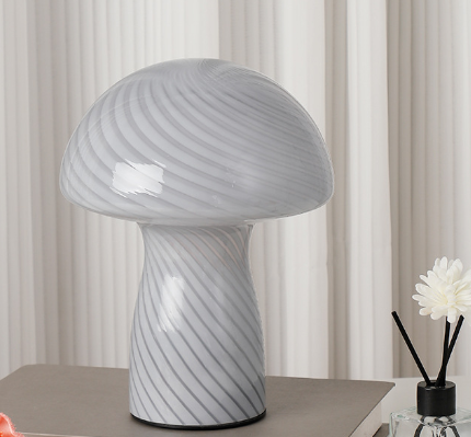 Stripe-Pure Grey-white Retro Swirl Glass Mushroom Table Lamp - LED Bedside Night Light.