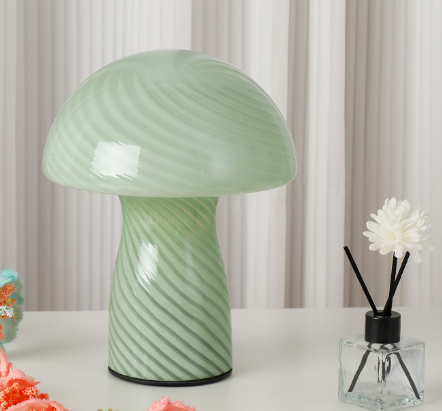 Stripe-Pure Green Retro Swirl Glass Mushroom Table Lamp - LED Bedside Night Light.