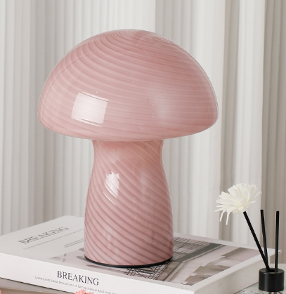 Stripe-Pure Leather Pink Retro Swirl Glass Mushroom Table Lamp - LED Bedside Night Light.