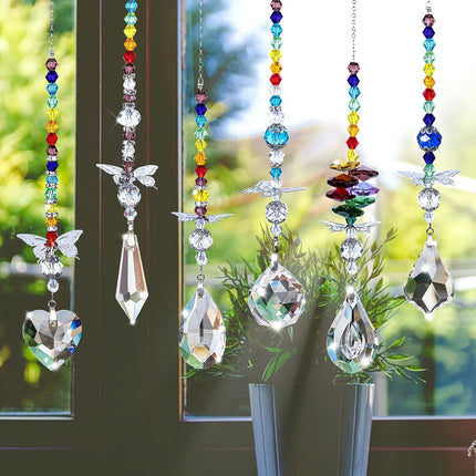 Set of 6 Crystal Suncatcher Hanging Ornaments - Butterfly Star Moon Prism Window Decor.