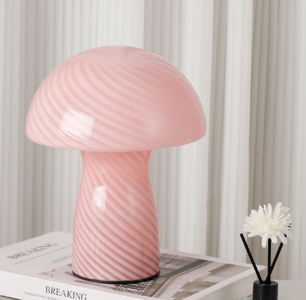 Stripe-Pure Pink Retro Swirl Glass Mushroom Table Lamp - LED Bedside Night Light.