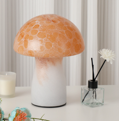 Speckled Orange Retro Swirl Glass Mushroom Table Lamp - LED Bedside Night Light.