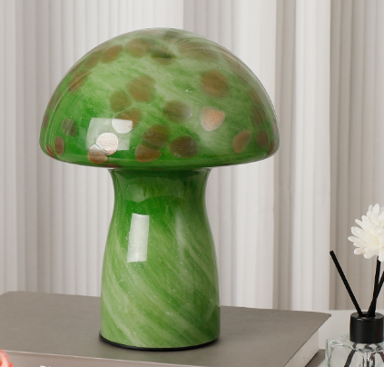 Camouflage Green Retro Swirl Glass Mushroom Table Lamp - LED Bedside Night Light.