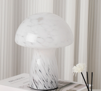 Speckled White Retro Swirl Glass Mushroom Table Lamp - LED Bedside Night Light.