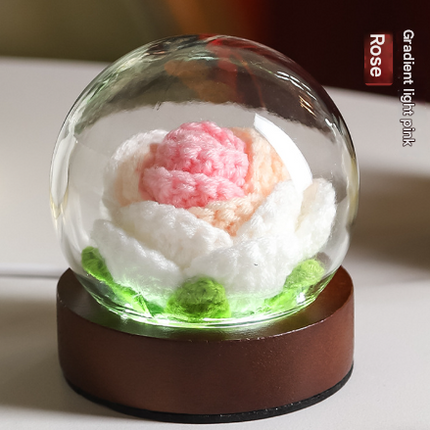 Gradient Light Pink Rose Knitted Flower LED Dome Lamp - USB Touch 3-Color Night Light.