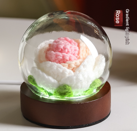 Gradient Light Pink Rose Knitted Flower LED Dome Lamp - USB Touch 3-Color Night Light.
