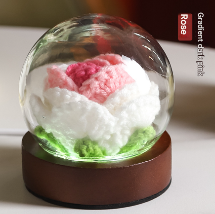 Gradient Dark Pink Rose Knitted Flower LED Dome Lamp - USB Touch 3-Color Night Light.
