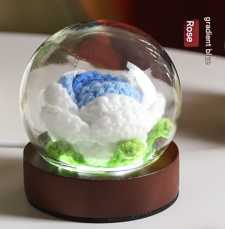 Gradient Blue Rose Knitted Flower LED Dome Lamp - USB Touch 3-Color Night Light.