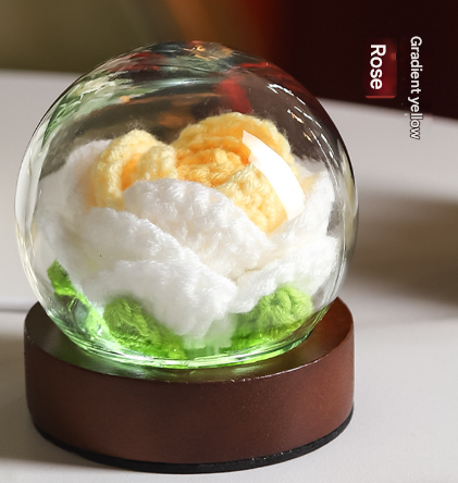Gradient Yellow Rose Knitted Flower LED Dome Lamp - USB Touch 3-Color Night Light.