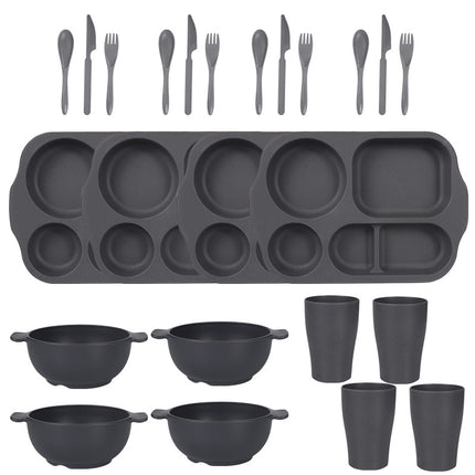 Dark Grey Durable Eco-Friendly Wheat Straw Dinnerware Set - 24 Pieces with Plates, Bowls, Cups & Cutlery.