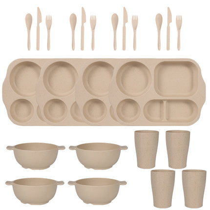 Beige Durable Eco-Friendly Wheat Straw Dinnerware Set - 24 Pieces with Plates, Bowls, Cups & Cutlery.